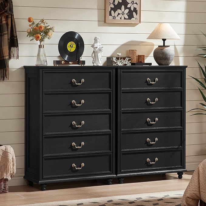 Farmhouse 5 Drawer Dresser Set of 2 for Bedroom, 45" Tall Rustic Chests of Drawers w/ 4 Solid Wood Feet, Vintage Mid Century Wooden Closet Storage Dressers Organizer for Living Room, Black