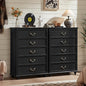 Farmhouse 5 Drawer Dresser Set of 2 for Bedroom, 45" Tall Rustic Chests of Drawers w/ 4 Solid Wood Feet, Vintage Mid Century Wooden Closet Storage Dressers Organizer for Living Room, Black