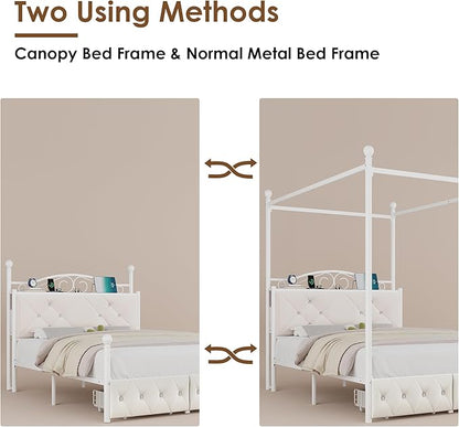 Full Upholstered Canopy Bed Frame with 2 Drawers & Crystal Tufted Storage Headboard Metal Platform Bed with Charging Station & 4 Removable Posts No Box Spring Needed Curtain Not Included, Beige