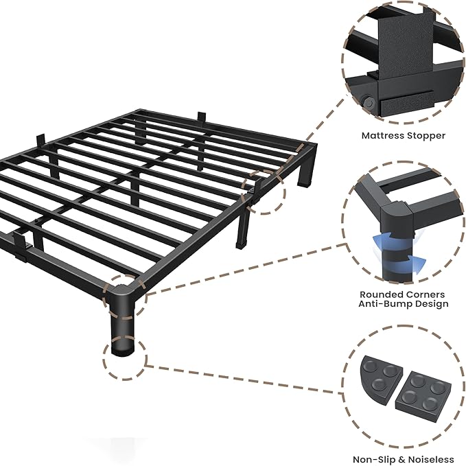 ROIL 10 Inch Full Size Bed Frame with Rounded Corner Low Profile Metal Platform 3500LBS Heavy Duty Steel Slats No Box Spring Needed Noise-Free Easy Assembly