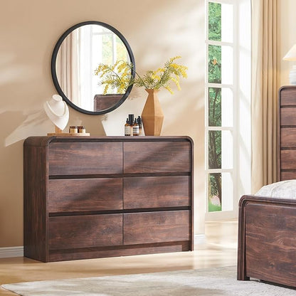 Modern 6 Drawers Dresser for Bedroom, 47" Wide Wood Dressers & Chests of Drawers w/Curved Profile Design, Mid Century Modern Dresser w/Natural Texture for Bedroom, Living Room, Brown