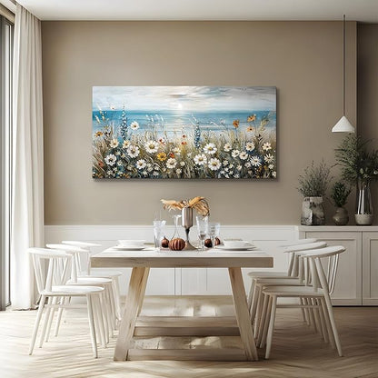 SERIMINO Coastal Landscape Wall Art Prints, Beach Daisy Large Canvas Prints, Wildflowers Paintings Modern Farmhouse Decor, Floral Pictures Wall Decor Living Room Dining Room Kitchen 20"X40"
