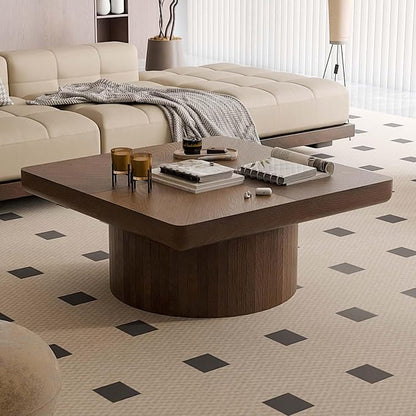 Modern Square Coffee Table with Cylindrical Base, Wood Coffee Table with Parquet Pattern & Thickened Tabletop, Center Table Tea Table for Living Room Apartment, 34.6''L×34.6''W×14.9''H, Walnut