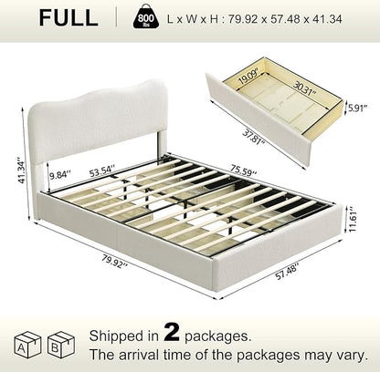 VELOCAVA Full Size Storage Bed with 4 Drawers, Modern Upholstered Bouclé Platform Frame with Curved Headboard, Rounded Corners, Wood Slats, No Box Spring Needed, Cream White