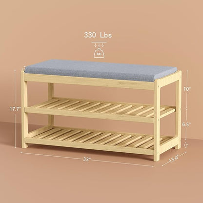 Shoe Bench Entryway, 100% Solid Solid Wood Shoe Rack Bench with Storage and Cushion Padded Seat, 3-Tier Shoe Organizer for Hallway Living Room, Mudrooms, Natural