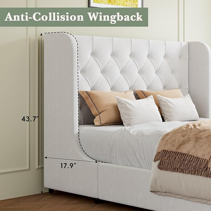 HOMBCK Full Size Bed Frame, White Upholstered Platform Bed Frame with Headboard, Velvet Tufted, Curved Wingback Design, Wooden Slats, No Box Spring, Noise Free, Easy Assembly