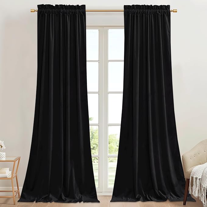 StangH Black Velvet Curtains 42 x 96 inches Luxury Light Blocking Thermal Insulated Window Panels Thick Vertical Room Dividers for Home Office/Theater, W42 x L96, 2 Panels