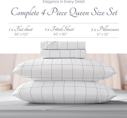 Carressa Linen Luxury Egyptian Cotton Queen Printed Sheet Set - 600 Thread Count Extra Long Staple 4 PC Set, Window Pane Queen Printed Sheets, Soft, Cooling Sateen Weave Sheets Upto 18 in Deep Pocket