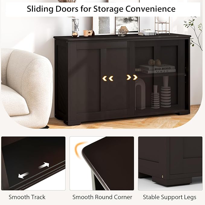 Costzon Sideboard Buffet Cabinet, Wooden Kitchen Storage With Adjustable Shelf, Sliding Barn Door, Accent Coffee Bar Console Table for Living Room, Dining Room, Hallway (Coffee)