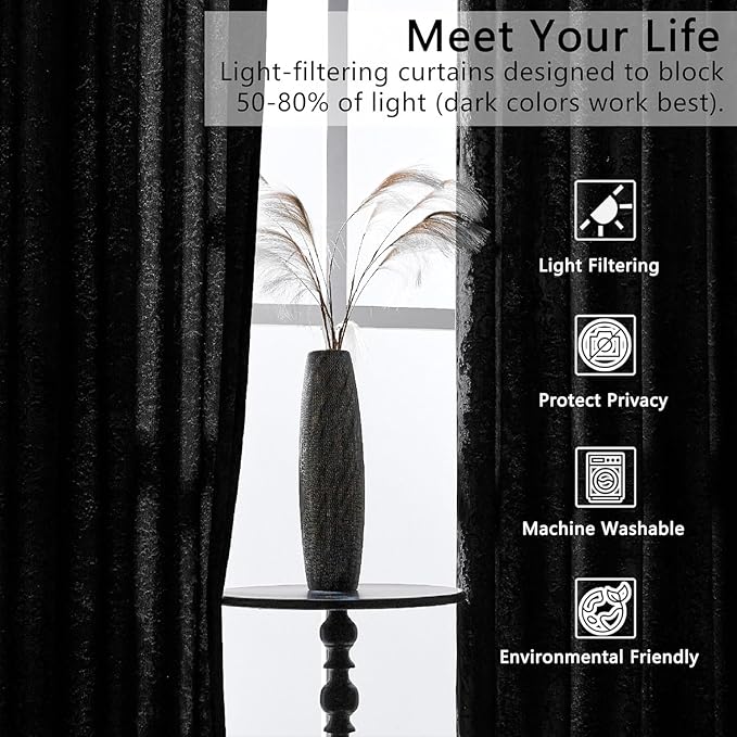 SMILETIME Black Crushed Velvet Curtains 52x90 inch Luxurious Thermal Insulated Soundproof Drapes for Living Room Bedroom Office Soft and Durable Light-Filtering Window Treatments, 2 Panels