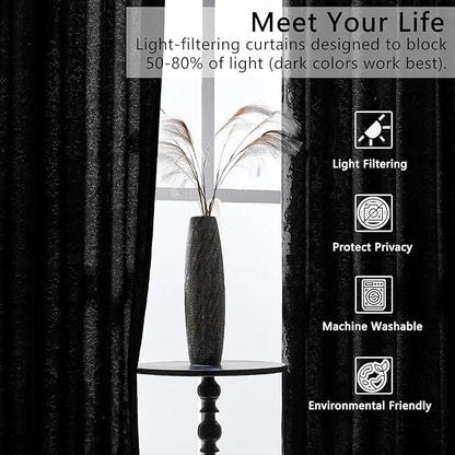 SMILETIME Black Crushed Velvet Curtains 52x96 inch Luxurious Thermal Insulated Soundproof Drapes for Living Room Bedroom Office Soft and Durable Light-Filtering Window Treatments, 2 Panels