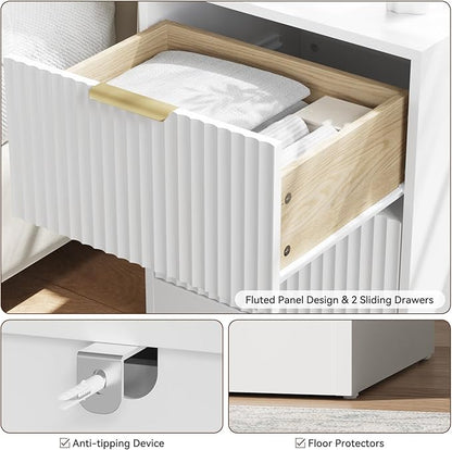 8 Drawer Dresser & Nightstand Set 3-Piece, 55” Wide Fluted Dresser and Night Stand Set of 2 with Metal Handle, Modern Wood Chest of Drawers Storage Dressers Set for Bedroom, White