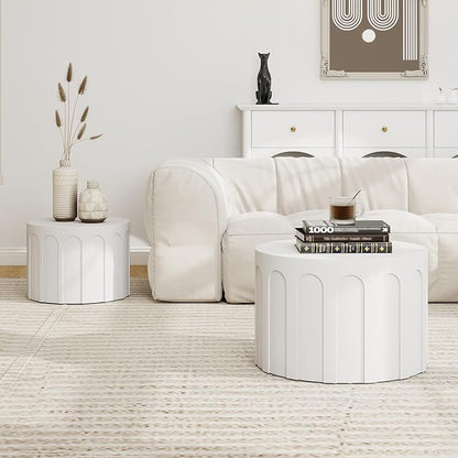 Nesting Coffee Table Set of 2, Modern Coffee Tables, Space-Saving Round Circle Coffee Tables, Side End Table for Living Room, Bedroom, Balcony, Office, White