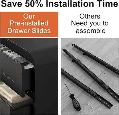 6 Drawer Dresser with Extendable Table, L-Shaped Desk Vanity Combo, 47" Wood Dresser & Chest of Drawers, Modern Closet Clothes Storage Dressers Organizer for Bedroom Living Room Hallway, Black