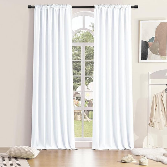DONREN 96 inch Length Pure White Half Blackout Curtains for Bedroom - Rod Pockt Top Thermal Insulated Window Treatment Drapes for Living Room,2 Panels W 42 x L 96,2 Panels