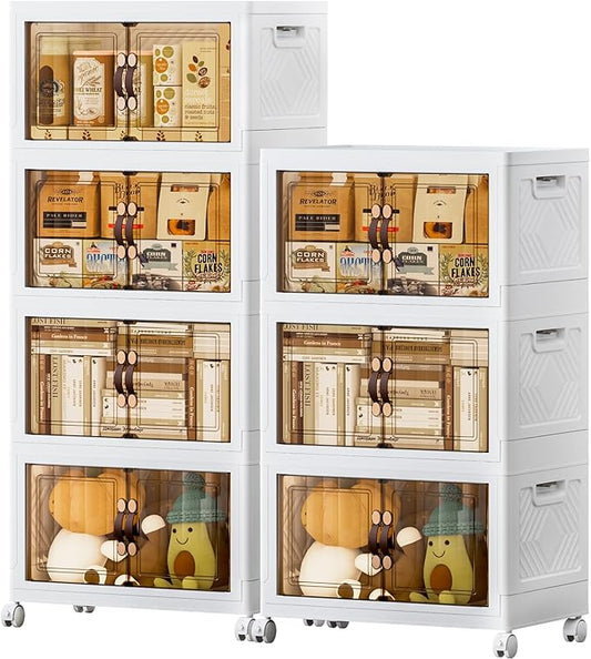 JEKO&JEKO 436Qt Stackable Storage Bins with Lids and Wheels, Foldable Collapsible Plastic Boxes for Clothes, Home, White, 6Pack