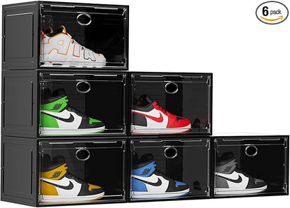 KEFA XL Shoe Storage Box Organizer, 6 Pack Shoe Boxes Clear Plastic Stackable, Sneaker Display Case Container Fit for US 13 (Side 6 PACK BLACK)