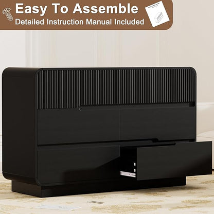 7 Drawer Dresser and 2 Nightstand Sets for Bedroom 3 Pcs Bedroom Set, Modern 47.2" Fluted Dresser with Invisible Handles Nightstand Charging Station, Bedroom Furniture Set for Living Room, Black