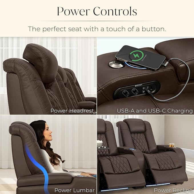 Seatcraft Diamante Zero-Gravity CoolZero Italian Leather Home Theater Seating, Power Headrest, Power Recline, Row of 5 Middle Sofa, Brown