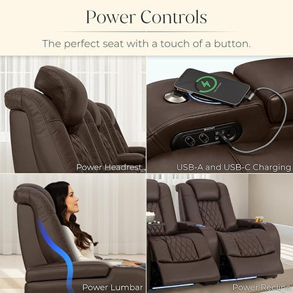 Seatcraft Diamante Zero-Gravity CoolZero Italian Leather Home Theater Seating, Power Headrest, Power Recline, Row of 5 Right Loveseat, Brown