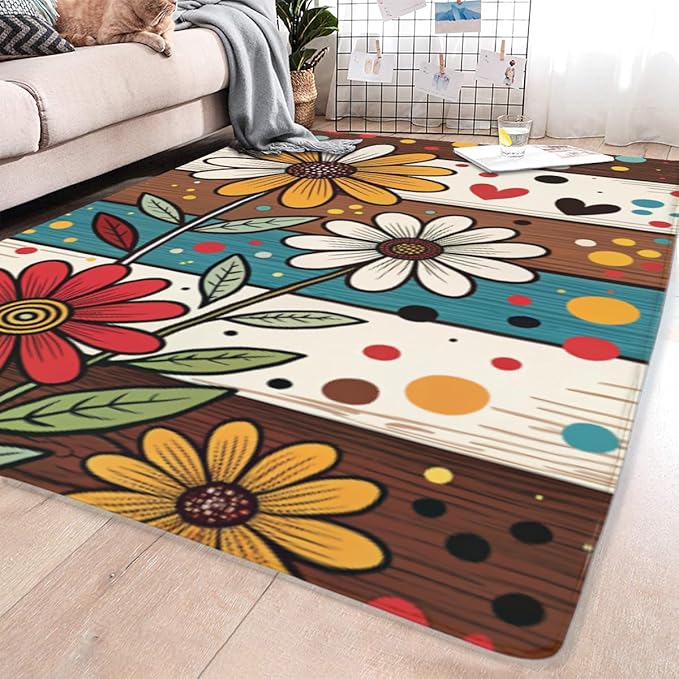 Machine Washable 3' x 5' Bohemian-Style Area Rug, Flowers Floor mat, Suitable for bedrooms, Girls' Room Bedside, Living Room, Dining Room, Office, Non-Slip Low-Pile Retro, Fashionable Carpet