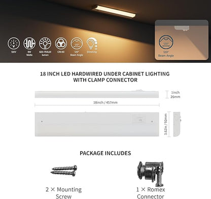 ZAGO 18 Inch LED Hardwired Under Cabinet Lighting with Clamp Connector, 5CCT Switchable, Undercounter Led Lights for Kitchen, 120V, 9W, 620-750LM, ETL & Damp Rated, White, 4 Packs