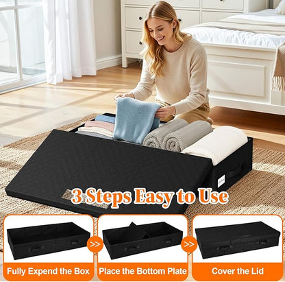 Under Bed Storage Containers with Lids - 3 Pack, Foldable and Stackable Clothes Storage Bags with Clear Window, 3-Sided Handles and Label Slot for Clothing, Blankets, Pillows (Black)
