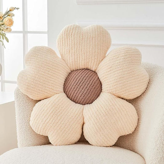 Kcvvcr Flower Throw Pillow, Cute Flower Shaped Pillow Decorative Throw Pillow for Bed Couch, Soft Daisy Pillows Floor Seating Cushion Cushions (19.6 Inch Ivory+Brown)