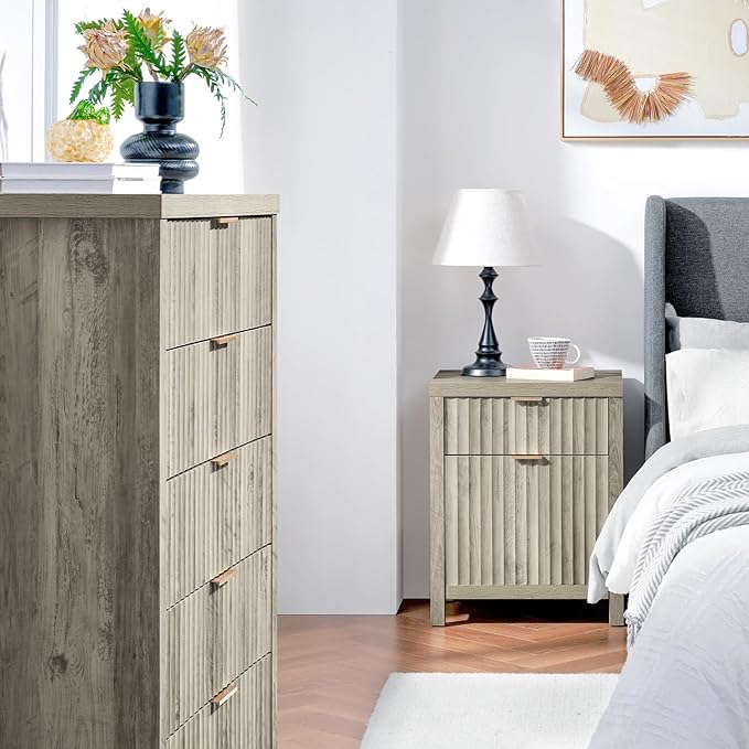 5 Drawers Dresser for Bedroom, 44 Inches Tall Modern Bedroom Dressers, Chest of Drawers for Bedroom, Fluted Dresser for Closet Organizer for Living Room, Hallway, Entryway (Grey Oak, 3 Pieces)