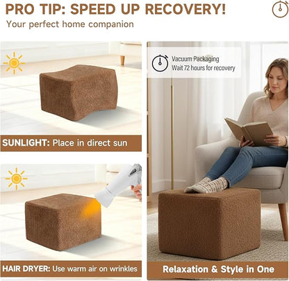 Tiita Pouf Ottoman and Foot Rest, Square Foam Stuffed Floor Pouf with Storag for Living Room, Brown