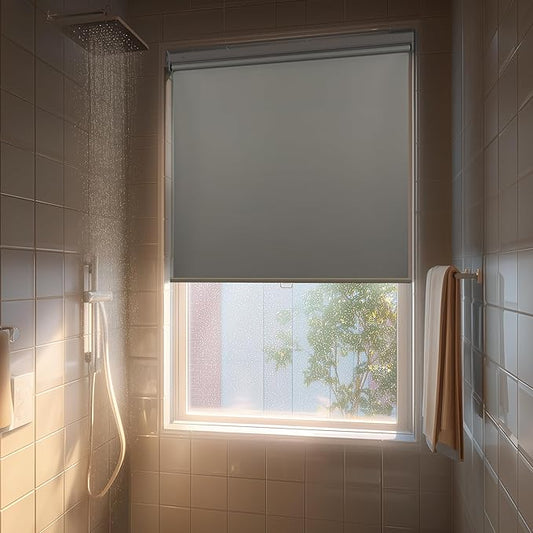 HESTIA No Drill Cordless Blackout Roller Shades Screwless Waterproof Shower Window Blinds, Auto-Retraction Easy Install Blind for Bathroom/Kitchen/Office/Exterior, Grey, 58" W x 54" H