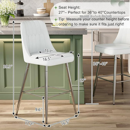 Bar Stools Set of 2, Counter Height Bar Stools with Back and Footrest,27" Barstools with Faux Leather Seat and Black Metal Legs,Counter Stools for Kitchen Island,Pub,White Barstools