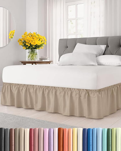 Wrap Around Dust Ruffle Bed Skirt – Cream - Twin/Twin XL Size Beds with 21 in. Drop – Easy Fit Elastic Strap - Pleated Bedskirt with Brushed Fabric - Wrinkle Free, Machine Wash - by CGK Linens