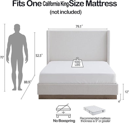 California King Size Upholstered Platform Bed Frame, 52.5" Tall Headboard Hosford Wingback Bedframes, Wood Base Floor Beds, No Box Spring Needed, No Noise, Minimalist, Cream White Boucle