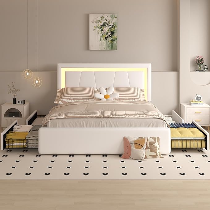 Queen Bed Frame with 4 Storage Drawers and Adjustable Headboard, Upholstered Platform LED Bed with Type-C&USB Ports, Solid Wooden Slats Support, Faux Leather, Easy Assembly, Beige