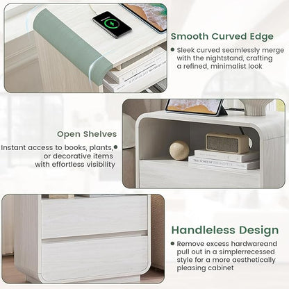 White Nightstand Set of 2 with Charging Station, 23.2" Wide Wood Bedside Table, Modern End Table with 2 Storage Drawers, Curved Profile, Handleless, Mid Century Night Stand for Bedroom