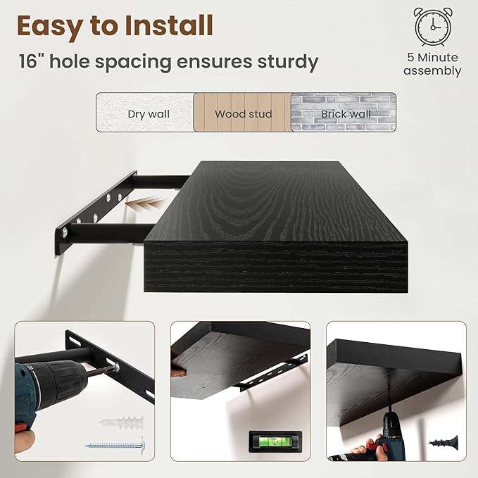 36 Inch Floating Shelves for Wall, 8 Inch Deep Floating Shelf for Storage & Display, Rustic Wall Mounted Shelf with Invisible Brackets for Living Room, Kitchen, Bathroom, Home Decor, Set of 2, Black