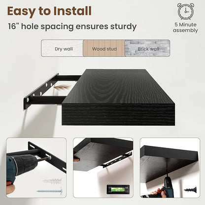 36 Inch Floating Shelves for Wall, 8 Inch Deep Floating Shelf for Storage & Display, Rustic Wall Mounted Shelf with Invisible Brackets for Living Room, Kitchen, Bathroom, Home Decor, Set of 2, Black