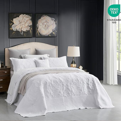 CHIXIN Bedspread Coverlet Set Queen Size - Lightweight Bedding Cover - Beautiful Stitching - 5 Piece Reversible Bedspread - Gorgeous Damask Paisley Pattern (Queen, Pure White)