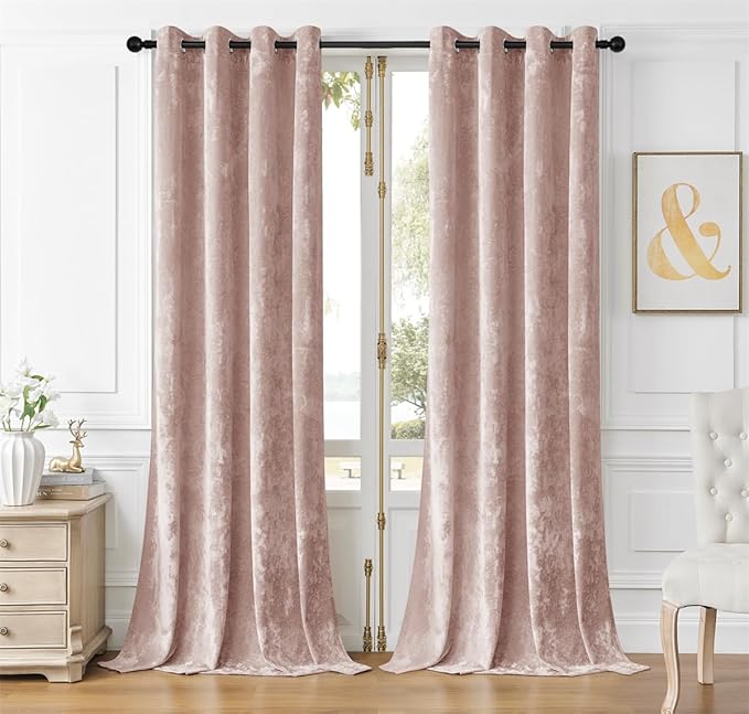 SMILETIME Pink Crushed Velvet Curtains 52x90 inch Luxurious Thermal Insulated Soundproof Drapes for Living Room Bedroom Office Soft and Durable Light-Filtering Window Treatments, 2 Panels