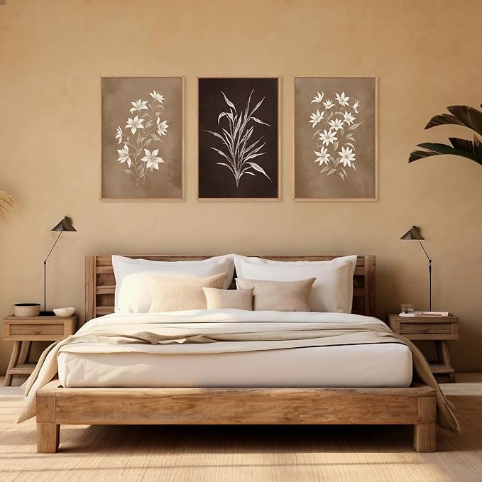 LHIUEM Large Vintage Neutral Botanical Framed Wall Art Set,Brown and Black Flower Wall Decor,Nature Wildflower Artwork,Rustic Plant Floral Art Prints for Living Room,Bedroom,Farmhouse - 16"x24"x3