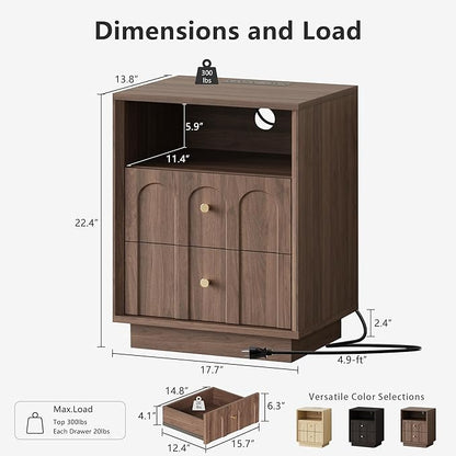 Nightstand with Charging Station, Mid Century Modern Nightstand with Arched Design, Minimalist End Table with Wood Grain Texture, Bedside Table for Bedroom Living Room Sofa Office, Walnut