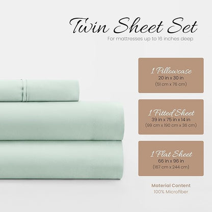 Linen Market Brushed Microfiber Twin XL Sheet Set 3 Piece – Oeko-TEX Certified Ultra Soft & Wrinkle-Free - 16" Deep Pocket Sheets - Easy Care Twin XL Size - Mint