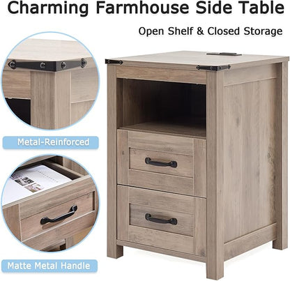 Puntogen Sierra Night Stand Set of 2, Rustic End Table with Charging Station, Farmhouse Tall Nightstand for Bedroom, Drawer Dresser Bedside Table with Open Storage Shelf