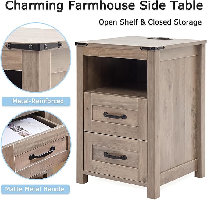Puntogen Sierra Night Stand, Rustic End Table with Charging Station, Farmhouse Tall Nightstand for Bedroom, Drawer Dresser Bedside Table with Open Storage Shelf