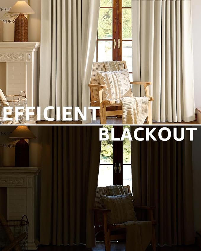 jinchan Chenille Blackout Curtains 96 Inches Long Beige Thermal Insulated Curtains for Living Room Bedroom 2 Panels Triple-Weave Noise Reducing Drapes Back Tab Full Privacy Window Curtains 50x96 Inch