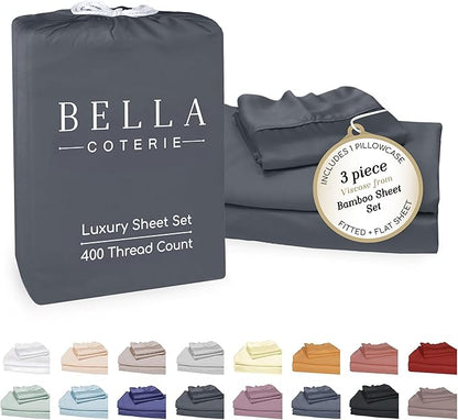 Bella Coterie Luxury Bamboo Viscose Twin XL Size Sheet Set | 100% Organically Grown | Ultra Soft | Cooling for Hot Sleepers | 18" Deep Pocket [Charcoal Grey]