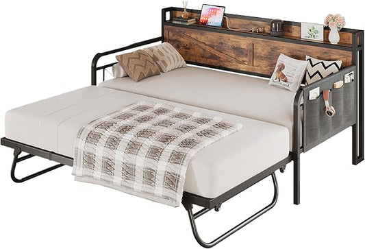 LIKIMIO Twin Daybed with Trundle Bed, Storage Headboard with Charging Station, Sofa Day Bed with Strong Supports for Living Room, Bedroom, and Guest Room, Industrial Brown