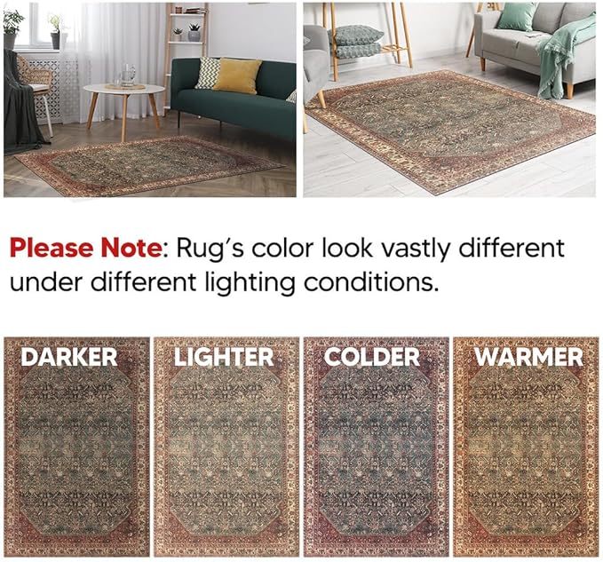 Keen Home Design 6x9 Rug - Machine Washable Area Rug with Non-Slip Backing, Ideal for Living Room, Dining Room, Bedroom - Vintage, Easy Clean, Durable, Low Pile Rug - (6' x 9')