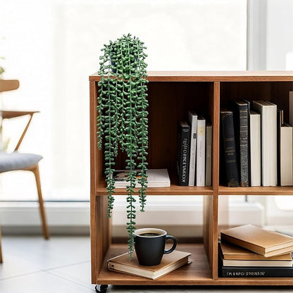 Artificial Hanging Plants for Shelf, 2-Pack Fake Potted Greenery Faux String of Pearls in Black Pot, Décor for Office Living Room Bathroom Indoor Outdoor